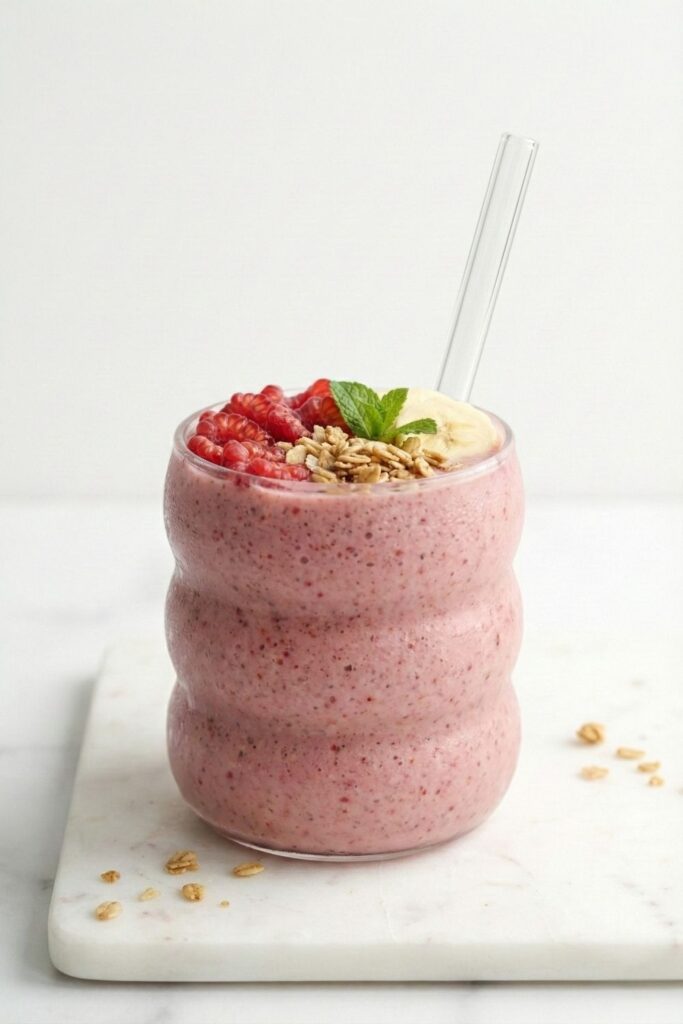 High-angle view of a pink smoothie bowl with granola and raspberry toppings and a glass straw, placed on a white marble board for a clean, clinical aesthetic.