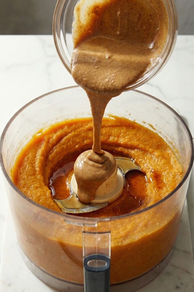 Drippy almond butter being poured into sweet potato puree to create a stable fat emulsion for gluten-free brownie batter.