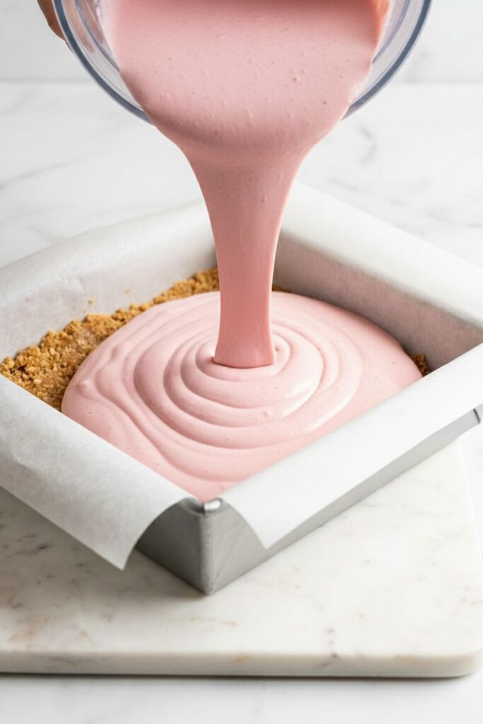 Pouring thick pink cheesecake batter over the frozen crust, showing the batter folding over itself in ribbons.