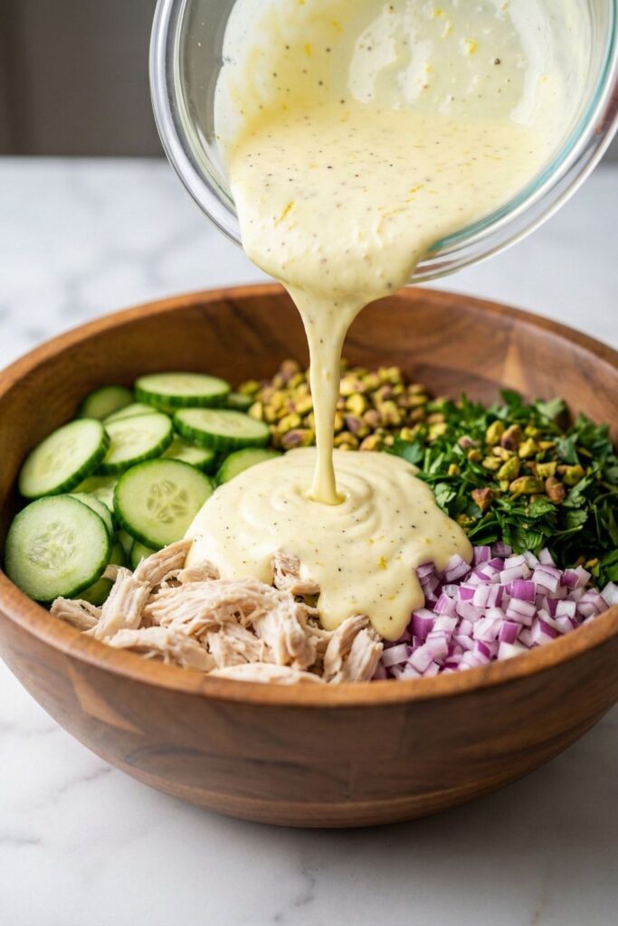 The entire batch of creamy lemon yogurt dressing pouring in a thick ribbon over a bowl of 6 sliced cucumbers, 2 cups diced chicken, 1/2 diced onion, minced parsley, and 3 to 4 tablespoons pistachios.