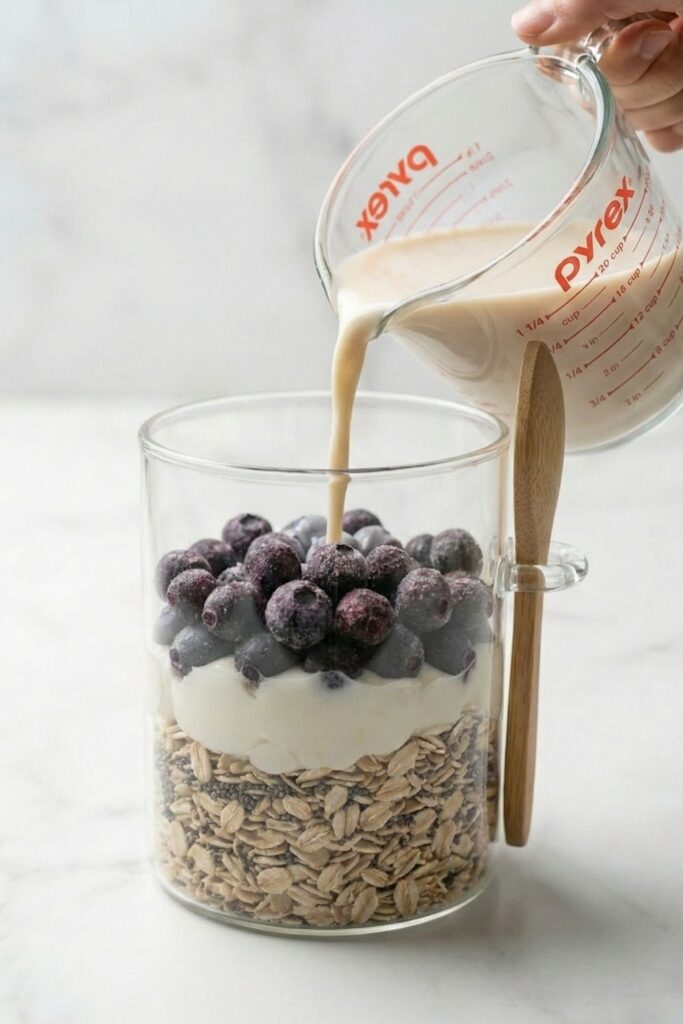 Pouring 1 1/4 cups of oat milk into the jar, covering the frozen blueberries and oats for hydration.