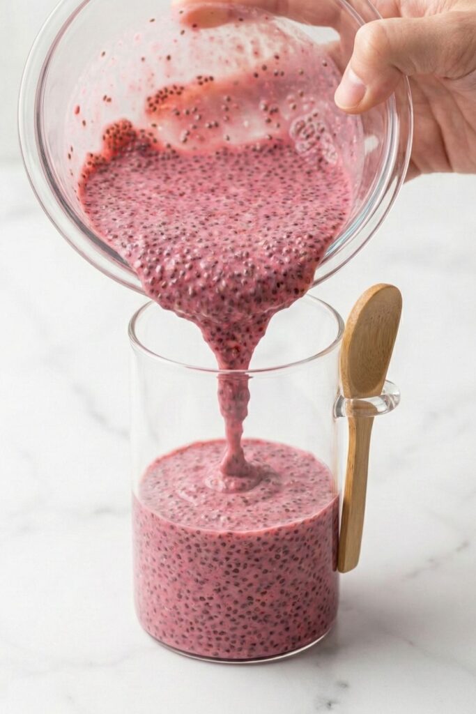Pouring thick pink raspberry chia pudding into the bottom of a clear 16oz glass jar to create the first layer of the breakfast parfait.