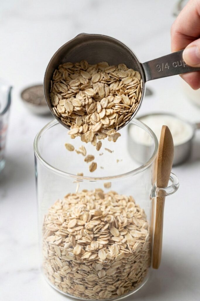 Pouring old fashioned rolled oats into a borosilicate glass jar to start the blueberry overnight oats recipe.