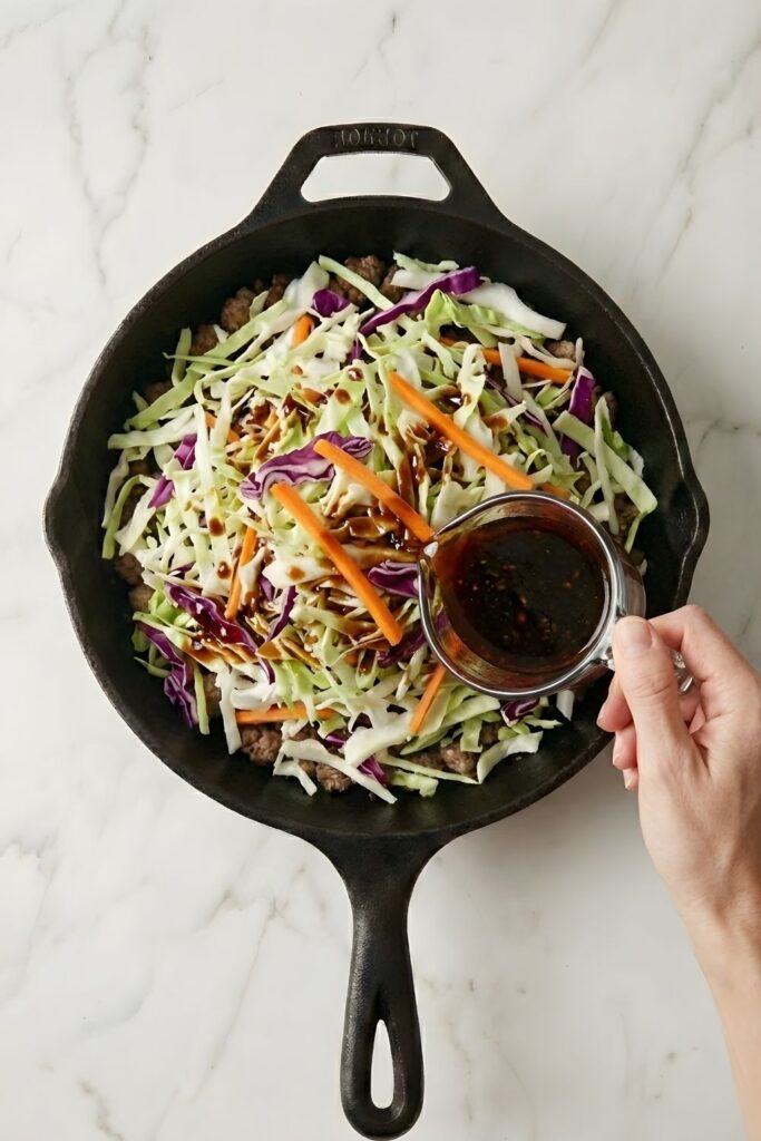 Action shot of a hand pouring a dark soy and ginger stir-fry sauce from a glass measuring cup over fresh cabbage and turkey in a skillet.