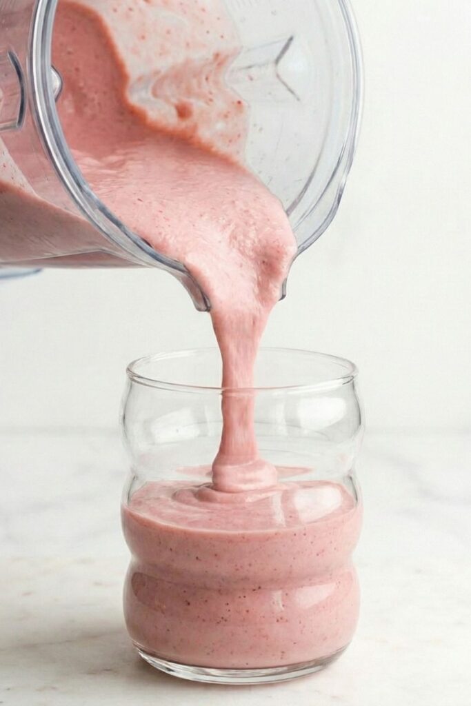 Eye-level shot of a thick, pink berry smoothie being poured from a blender into a clear bubble glass, creating a folding ribbon texture.