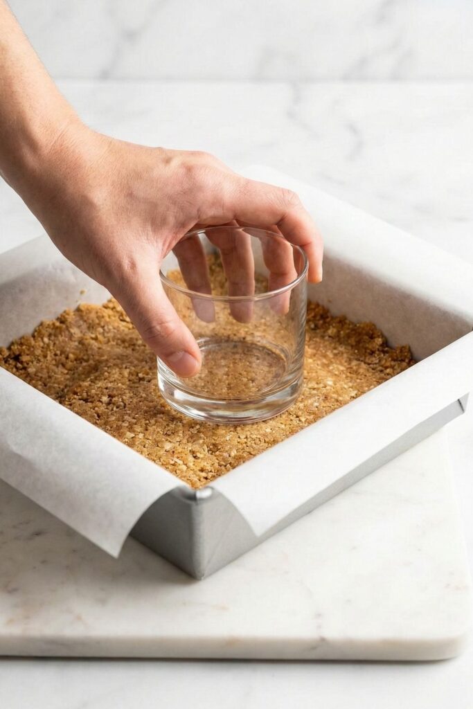 Using the flat bottom of a glass to tightly compress the almond flour crust into an 8x8 parchment-lined pan.