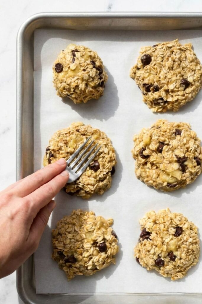 A hand gently pressing a ball of flourless banana oat cookie dough flat into a thick disc on parchment paper, illustrating the crucial step that these cookies do not spread during baking.
