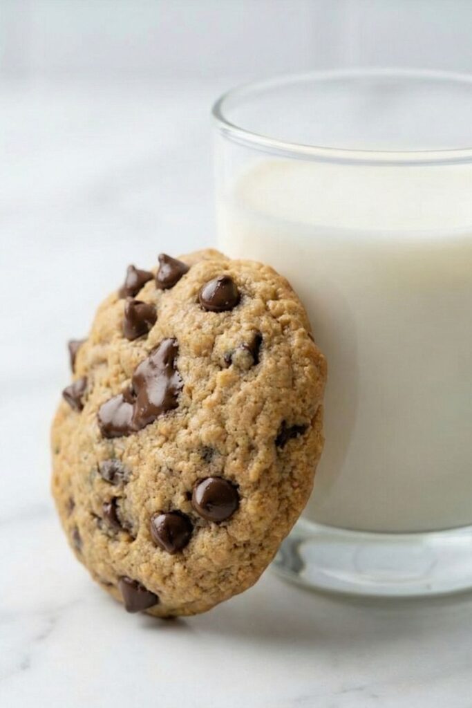 Side angle shot of a thick banana protein cookie leaning against a glass of milk, highlighting the vertical height and lack of spreading.