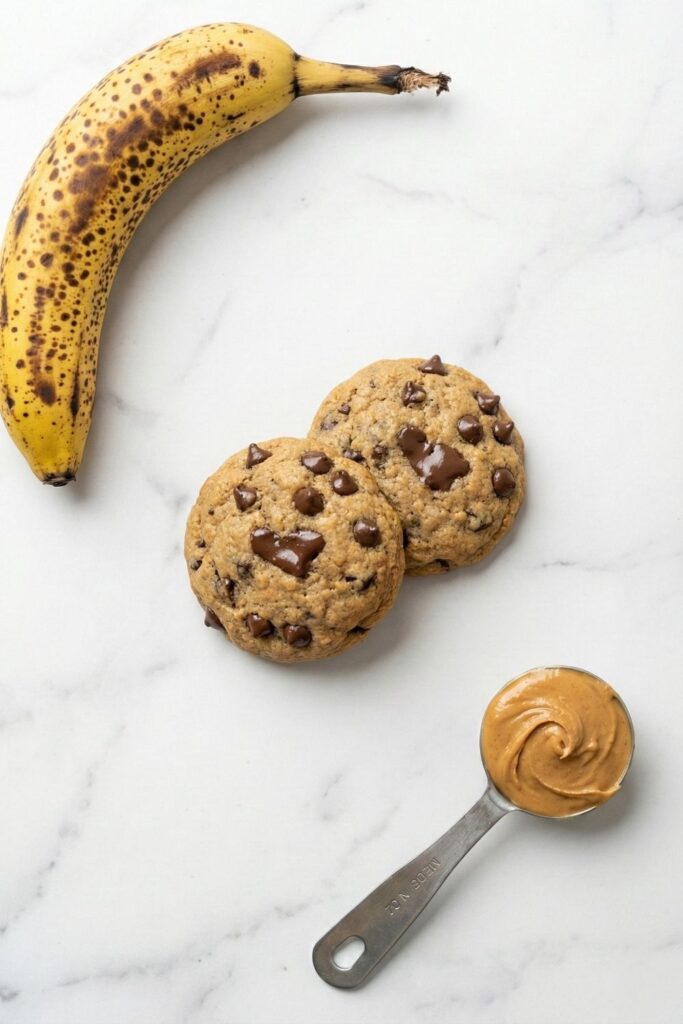 Flat lay of baked protein cookies framed by raw ingredients: a spotted ripe banana and a spoon of creamy peanut butter.
