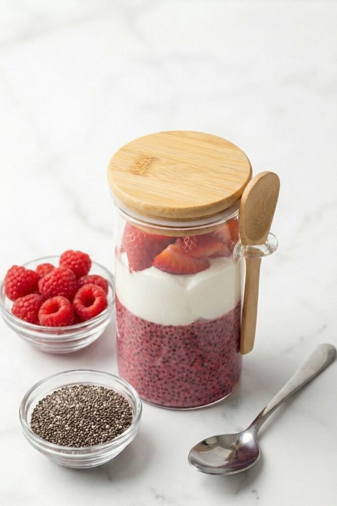The finished chia pudding jar displayed next to small glass bowls of fresh raspberries and dry chia seeds to showcase the simple, whole-food ingredients.
