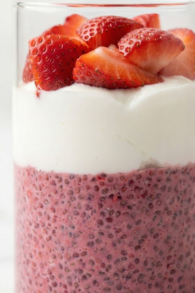 A clear 16oz jar filled with distinct layers of pink raspberry chia pudding and white yogurt, topped with fresh cut strawberries on a white marble counter.