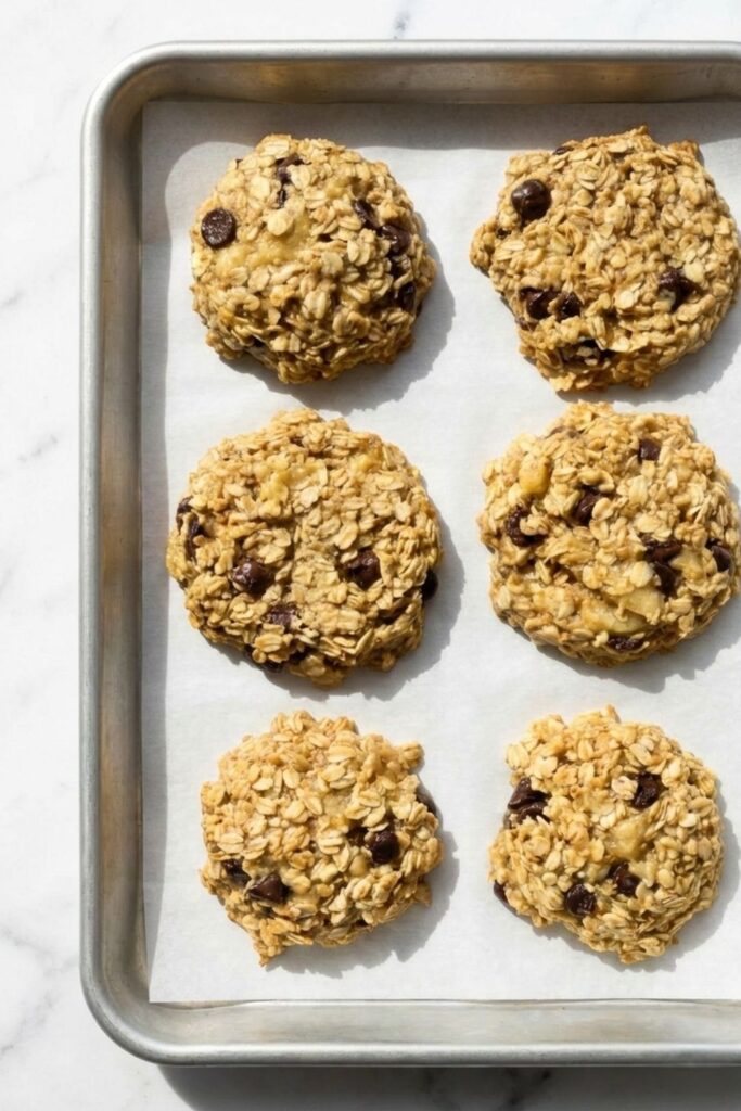 A full baking sheet lined with parchment paper holding 8 uniformly flattened raw banana oatmeal cookies, prepared to be baked at 350 degrees Fahrenheit.