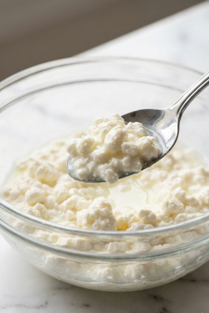 Close-up macro shot of chunky raw cottage cheese on a spoon, showing the grainy curd texture before blending for a high protein dip base.