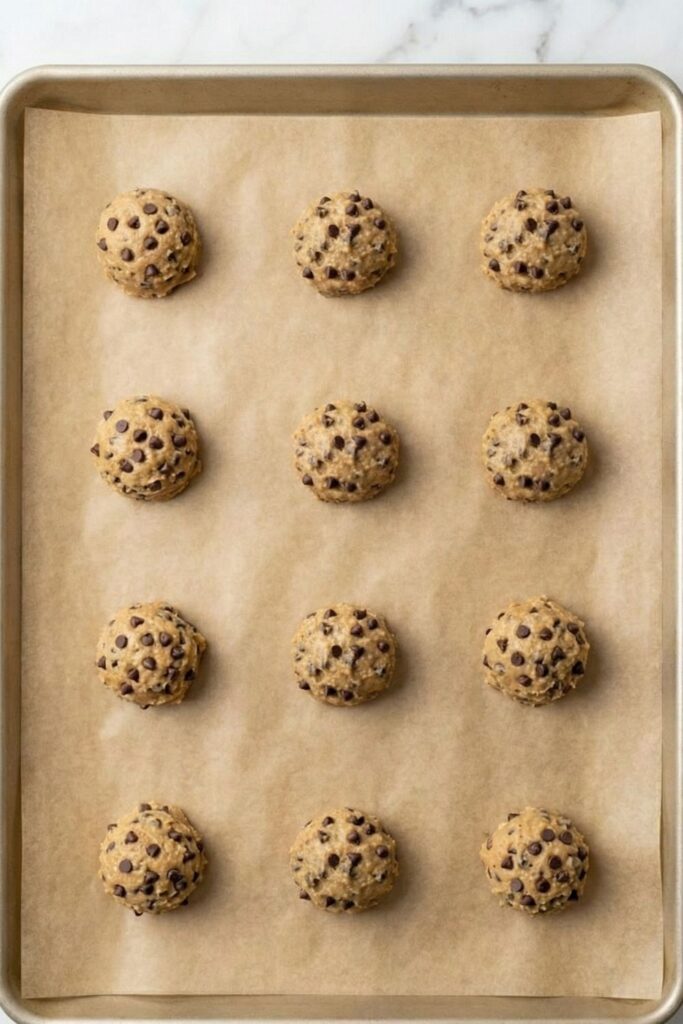 Overhead shot of raw protein cookie dough balls spaced 3 inches apart on a parchment-lined baking sheet before baking.
