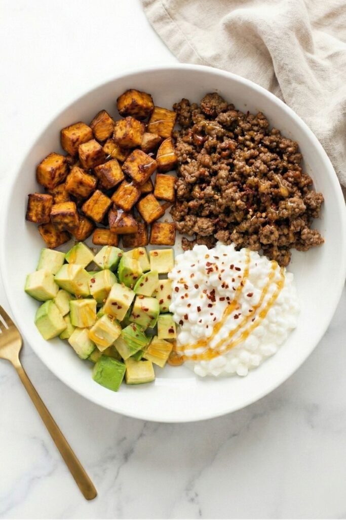 45-degree angle close-up focusing on the crispy edges of roasted sweet potato and the juicy texture of seasoned ground beef, highlighting the savory elements of the recipe.