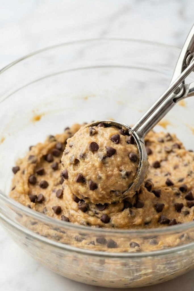 Using a large cookie scoop to portion out spherical balls of peanut butter protein dough, demonstrating the dense texture.