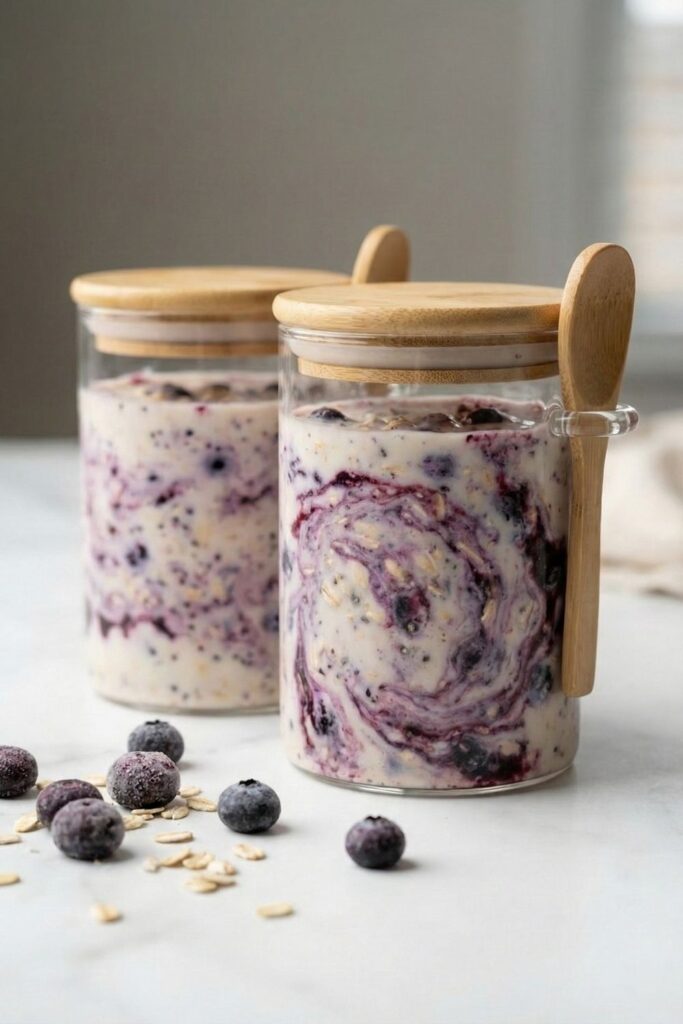 Two 12oz glass jars of blueberry oats sealed with bamboo lids, ready for refrigeration for 6 hours.