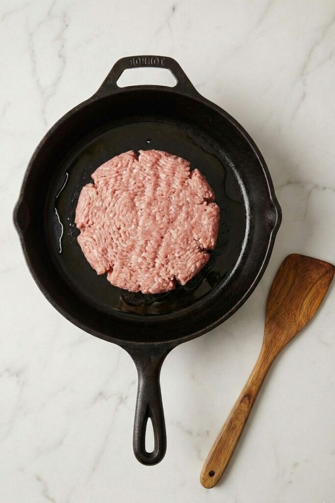 1 lb of lean ground turkey pressed into a single large patty in a cast iron skillet with avocado oil to maximize searing and browning.
