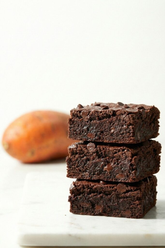 A stack of chocolate brownies in focus with a whole raw sweet potato blurred in the background to indicate the vegetable base.