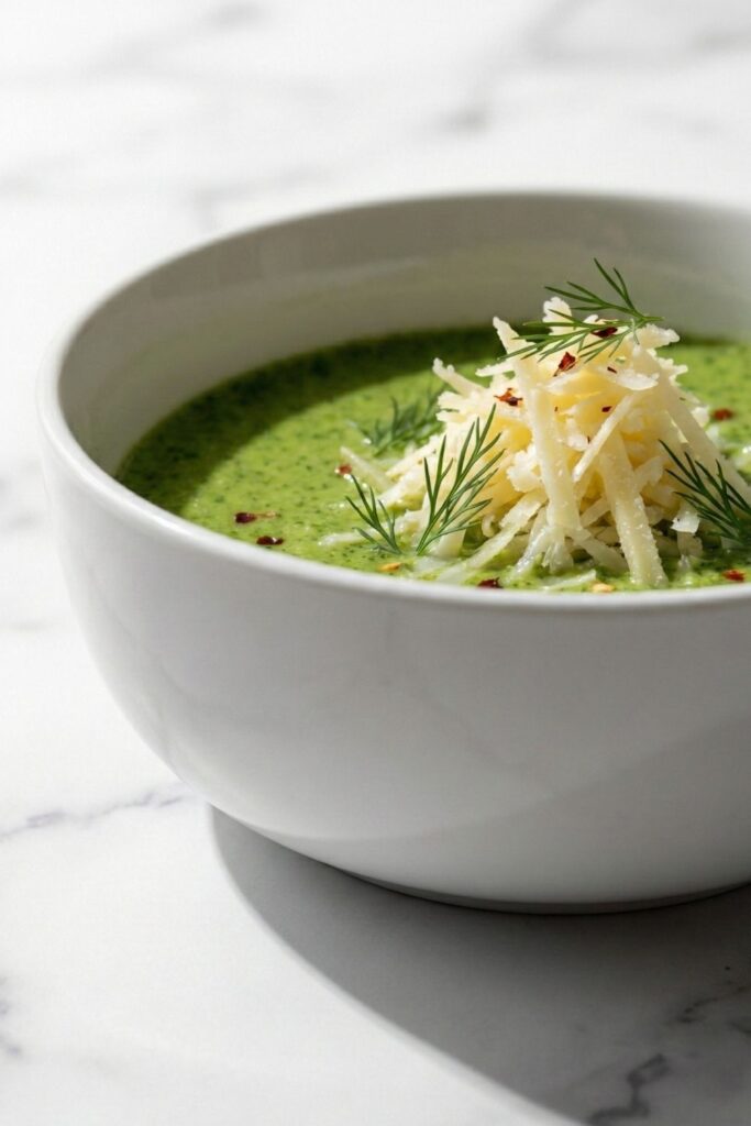 Side profile view of a broccoli soup bowl with a pile of shredded manchego cheese, casting a dramatic hard shadow on a white table for an editorial look.