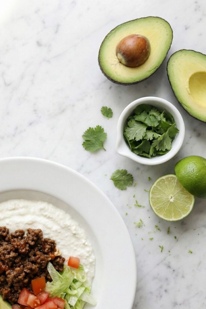 Artistic top-down composition of the taco dip bowl offset with fresh ingredients like cut limes, cilantro, and avocado to highlight freshness.