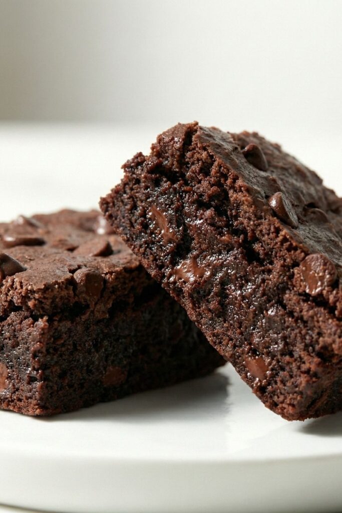 Close-up macro shot of a brownie broken in half, revealing a gooey, dense interior and deep cocoa color to prove fudginess.