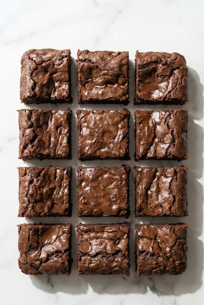 A full batch of healthy 3 ingredient brownies cut into 9 equal squares, arranged in a grid on a white marble background with crisp, hard-light shadows.