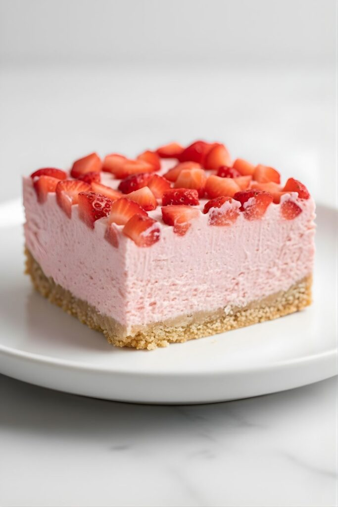 Eye-level macro shot of a single sliced bar on a white plate, highlighting the smooth, creamy texture.