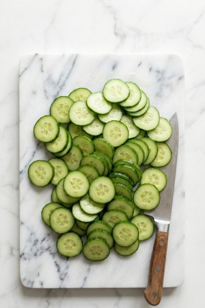 A sharp chef's knife slicing exactly 6 Persian cucumbers into uniform, thin 1/8-inch coins on a dark cutting board.
