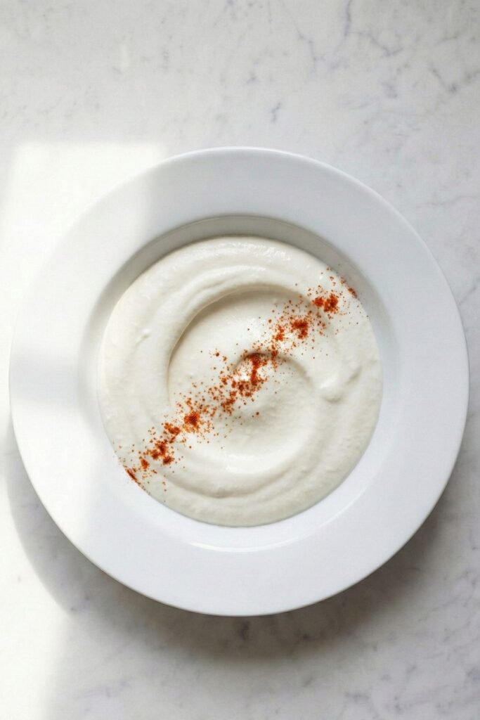 A delicate sprinkle of red smoked paprika dusted over a bowl of white whipped cottage cheese to add color contrast and flavor signaling.