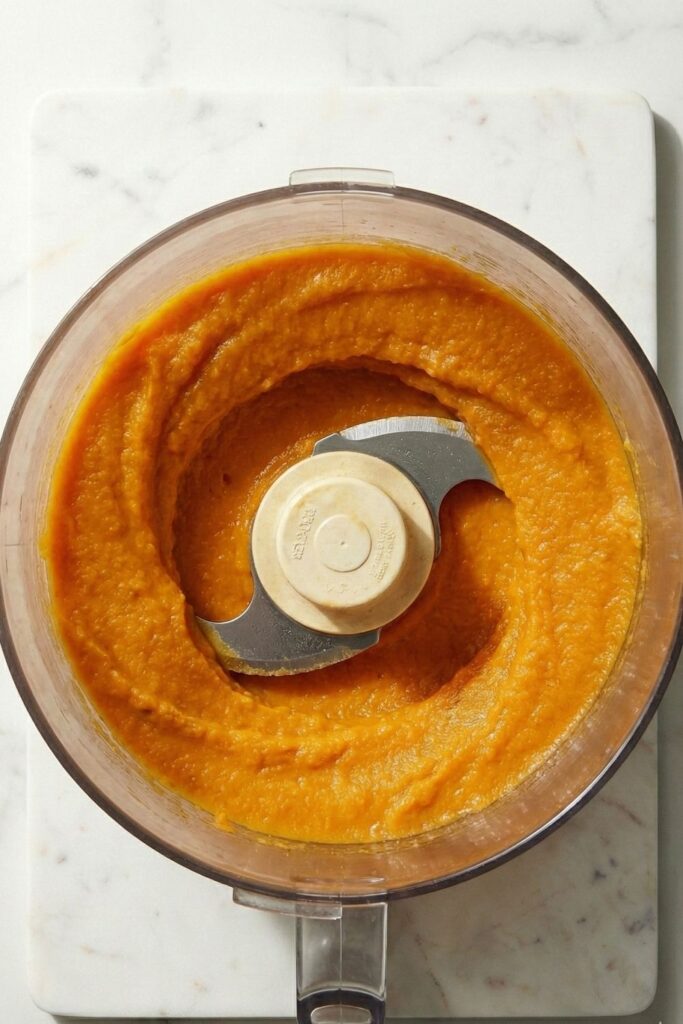 Vibrant orange roasted sweet potato mash blended until perfectly smooth in a food processor bowl to prevent stringy texture.