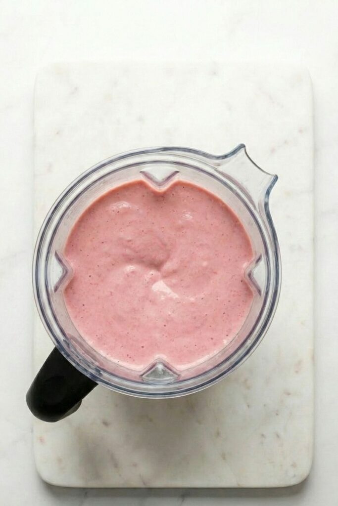 Overhead view into a blender canister showing a perfectly blended, thick, and smooth pink berry smoothie with no lumps, resting on a marble board.