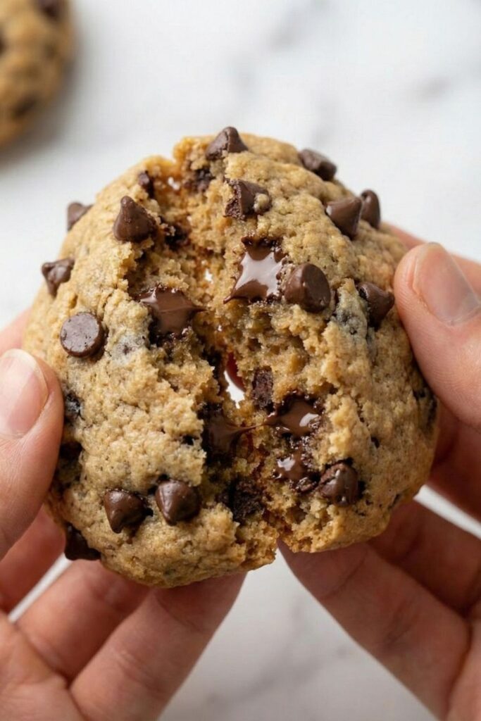 Macro shot of a warm protein cookie broken in half to reveal the soft, gooey interior crumb and melted chocolate structure.