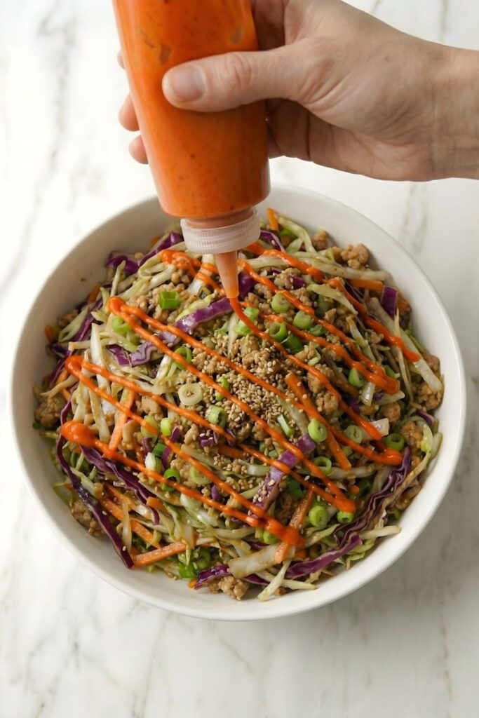 Vibrant orange spicy mayo being drizzled in a zig-zag pattern over a healthy egg roll bowl for color contrast and creamy flavor.