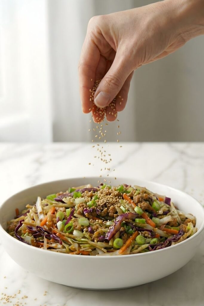 Action shot of a hand sprinkling toasted sesame seeds over a bowl of turkey and cabbage stir fry, freezing the seeds in mid-air.
