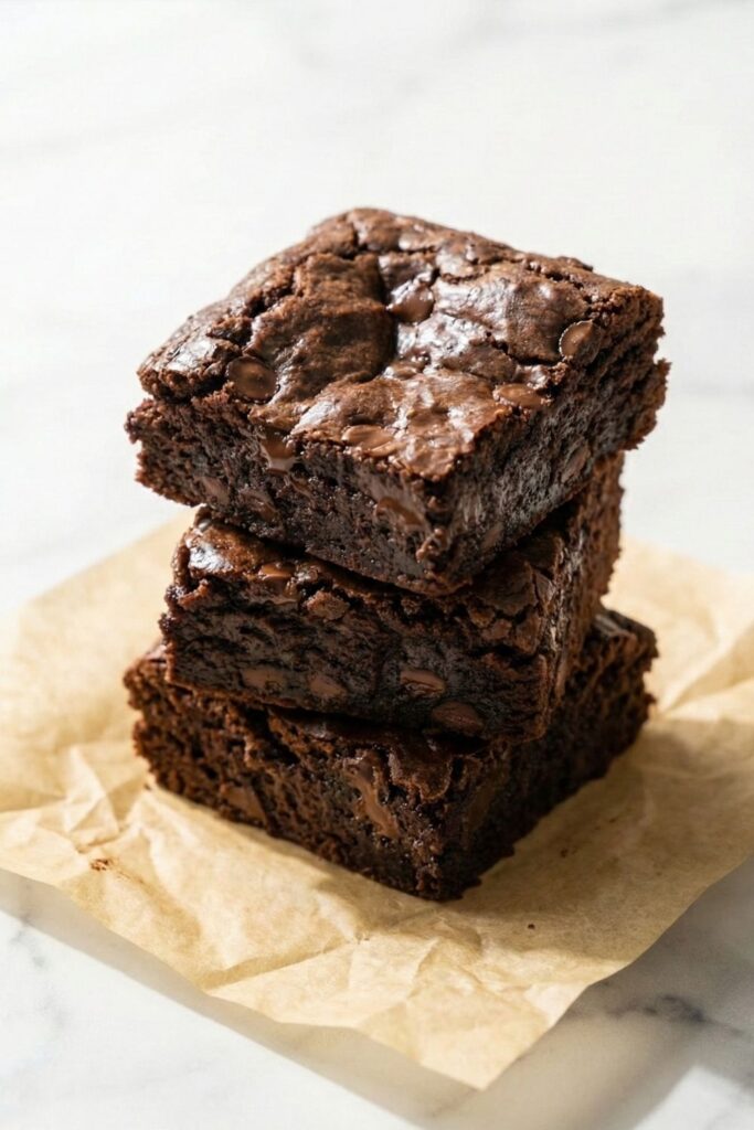 A stack of three thick, fudgy 3 ingredient brownie squares showing a glossy interior crumb and melted chocolate chips, sitting on crumpled parchment paper.