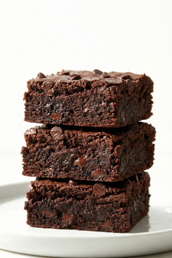 A stack of three high-protein sweet potato brownies on a white plate, showcasing moist crumbs and melted chocolate chips.