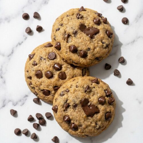 Overhead hard light shot of a stack of three soft protein cookies on white marble, surrounded by scattered mini chocolate chips.