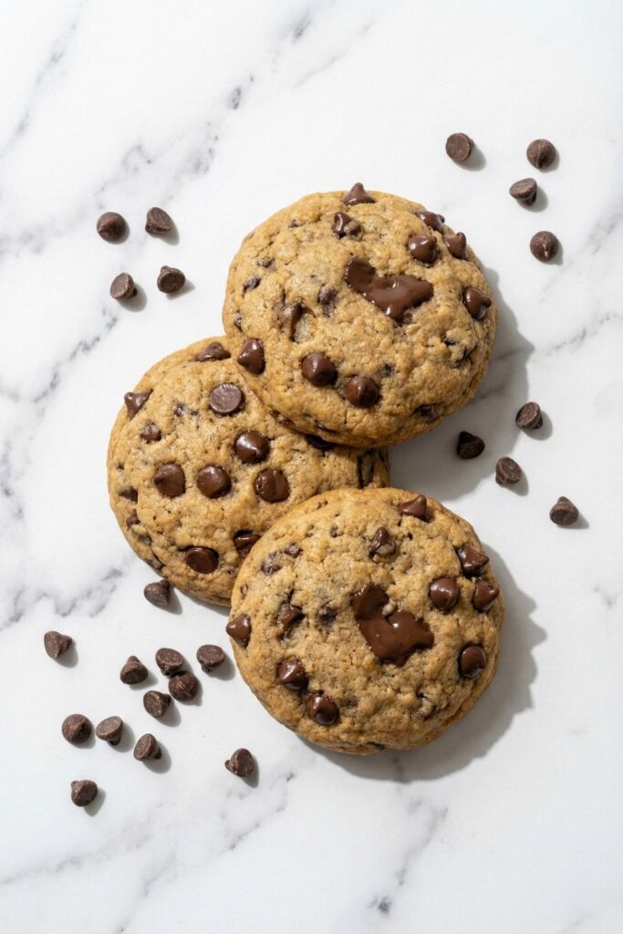 Overhead hard light shot of a stack of three soft protein cookies on white marble, surrounded by scattered mini chocolate chips.