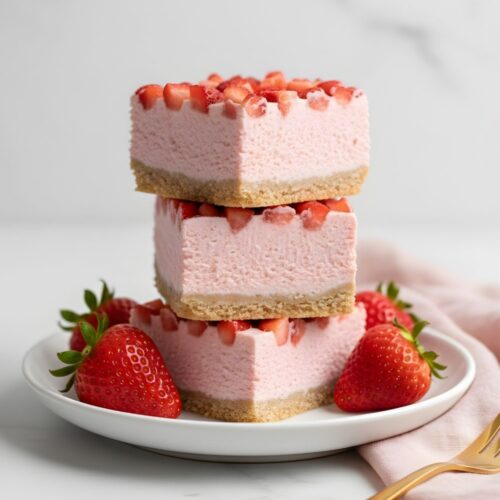 Three Slice of high protein strawberry cheesecake with pink filling and fresh strawberries on a white marble background, 18g protein per bar.