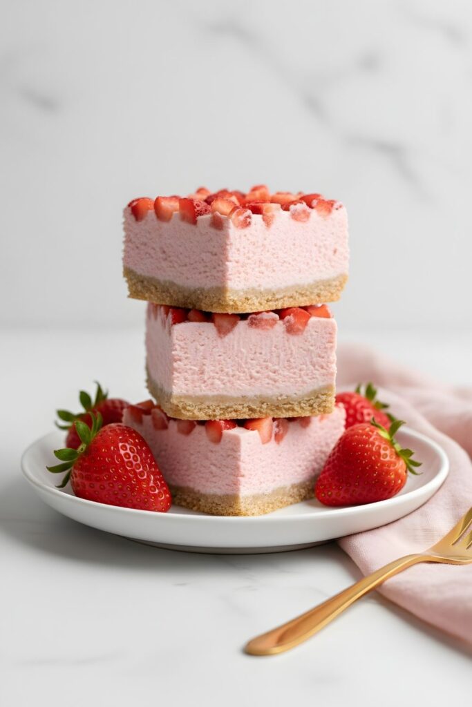Three Slice of high protein strawberry cheesecake with pink filling and fresh strawberries on a white marble background, 18g protein per bar.