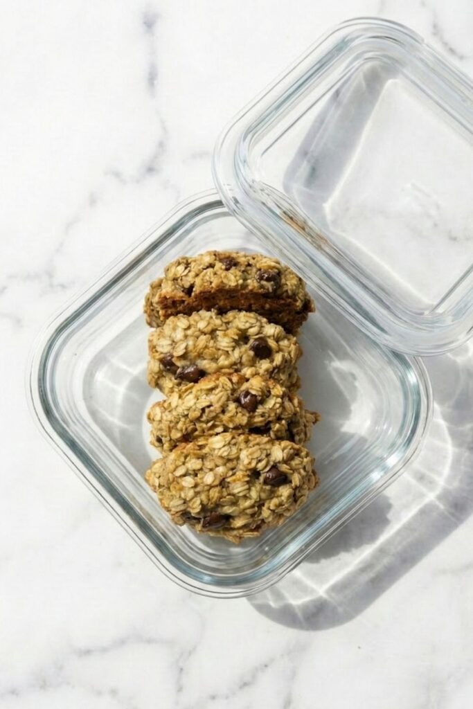 Overhead view of 6 cooled banana oatmeal cookies stacked inside a square glass airtight meal-prep container, ready for refrigerator storage to preserve the moisture from the bananas.