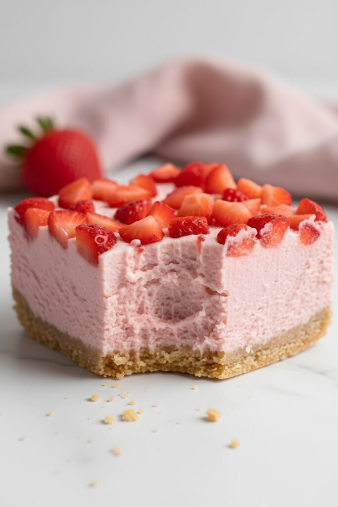 Close-up of a cheesecake bar with a bite taken out, showing teeth marks and creamy texture.