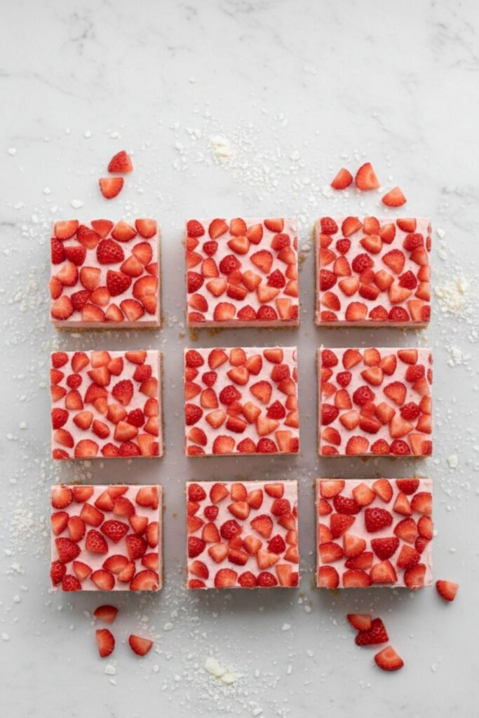 Overhead 3x3 grid of strawberry cheesecake bars on a white marble board with scattered toppings.