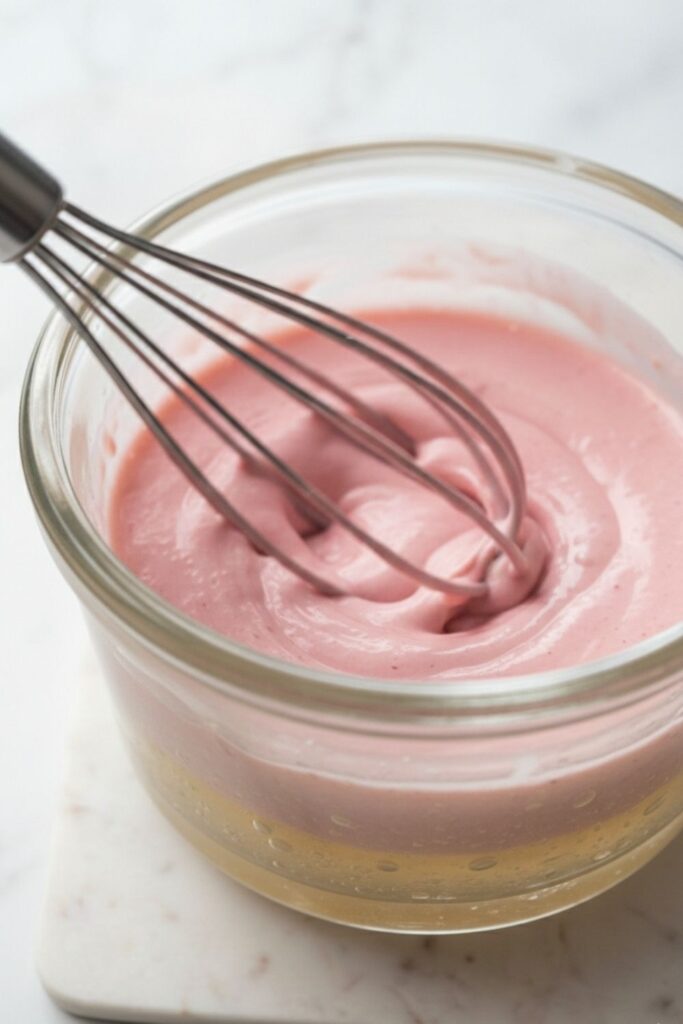 Whisking a tablespoon of cold pink batter into hot melted gelatin to temper the mixture and prevent seizing.