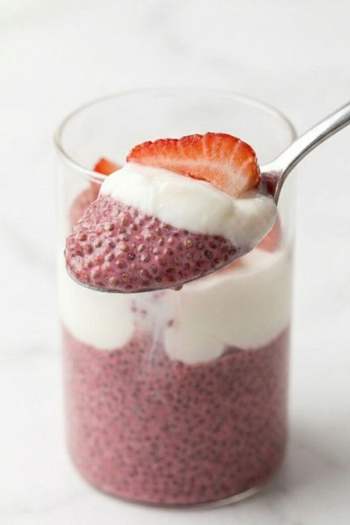 A close-up of a spoonful of raspberry chia pudding with white yogurt and a fresh strawberry slice, held above the jar to show the creamy, thick texture.