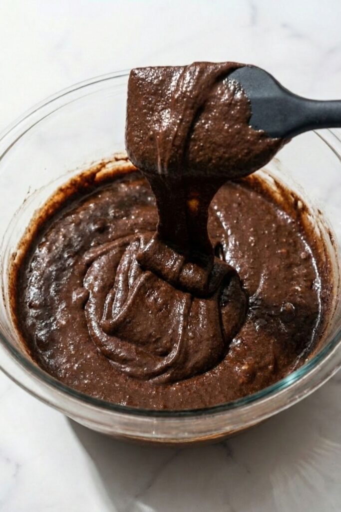 A silicone spatula lifting thick, smooth, and dark chocolate brownie batter mixed from bananas, peanut butter, and cocoa powder, showing the dense texture.