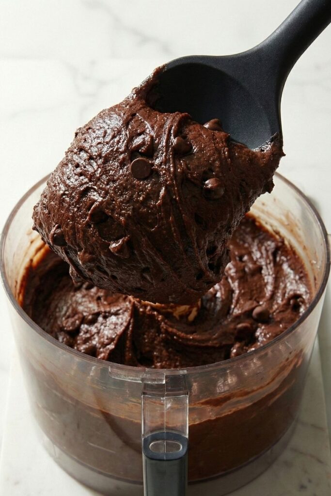 A black spatula lifting a heavy scoop of dark chocolate brownie batter, demonstrating the dense, fudge-like structure before baking.