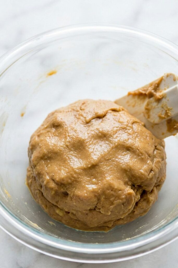 Close up 45-degree angle shot of fully mixed protein cookie dough showing a thick, hydrated texture with no dry powder streaks.