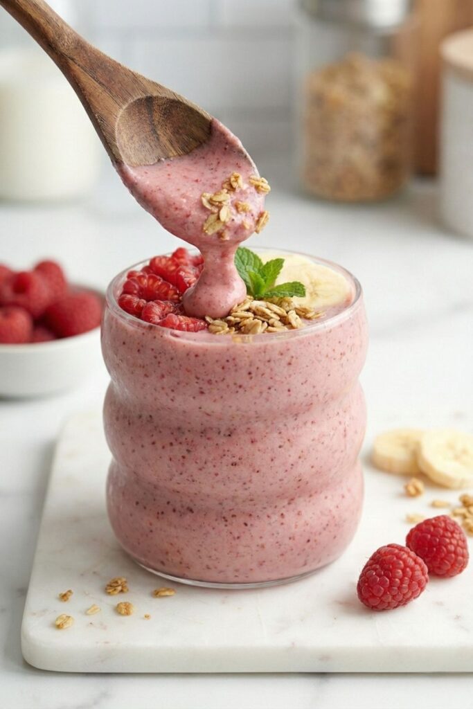 A wooden spoon lifting a thick scoop of pink berry smoothie from a glass to demonstrate heavy, creamy texture, styled with scattered oats.